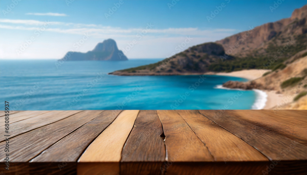 Wooden table on the blurred background of the sea. For product showing Wooden table on the blurred background of the sea. For product showing