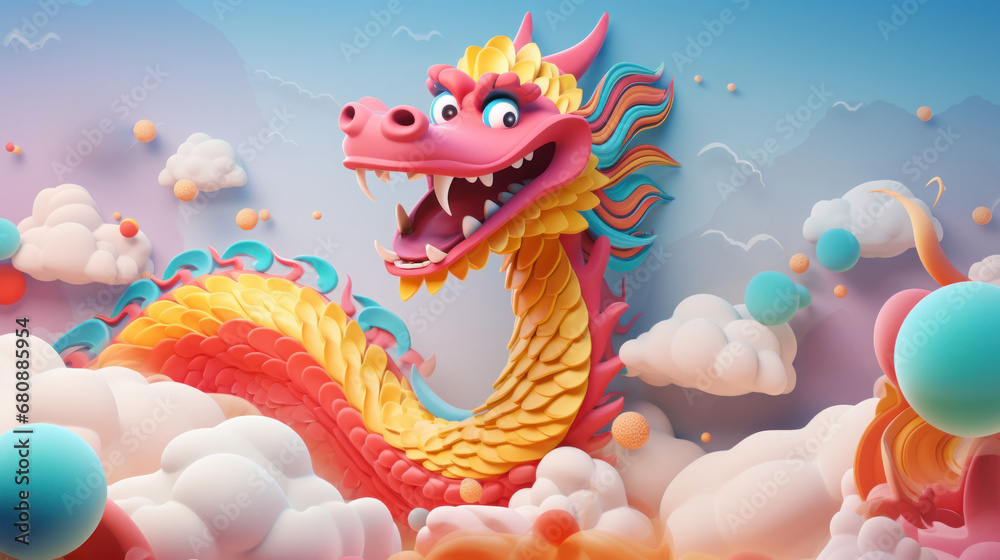 Chinese new year Festival cute 3D dragon cartoon, AI generated - obrazy, fototapety, plakaty 