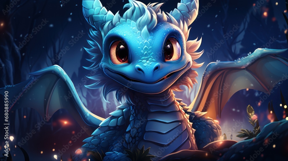 Cute Dragon in the wonderland forest at night, Chinese new year, AI generated