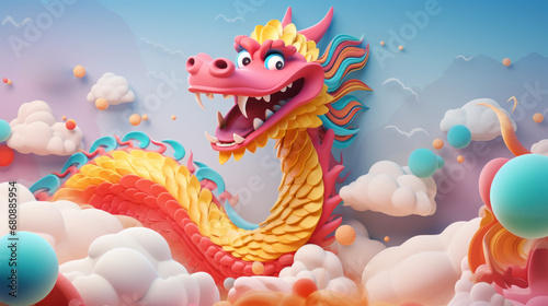 Chinese new year Festival cute 3D dragon cartoon, AI generated