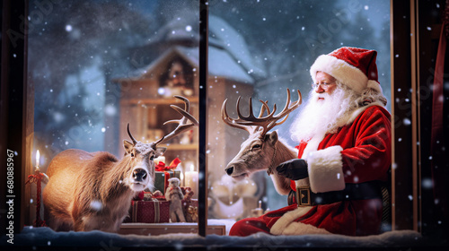 Santa Claus and reindeer near window. Christmas and New Year concept. Selective focus