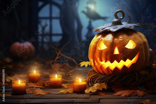 Large pumpkin with glowing eyes and mouth on a blurred background in a scary foggy park with dark trees and burning candles, Halloween holiday conceptSkeletons Amidst Pumpkin Glow