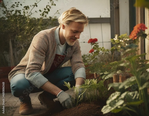 AI illustration of a Caucasian male with blonde hair tending to a garden. © Wirestock