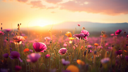Field full of autumn flowers at sunrise