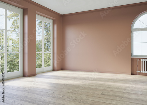 Interior design of empty modern apartment in pastel blush color. Interior mockup  3d rendering  