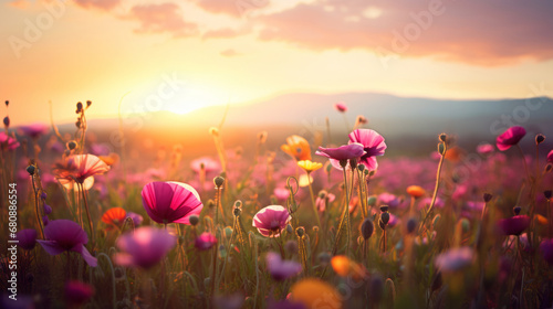 Field full of autumn flowers at sunrise © standret