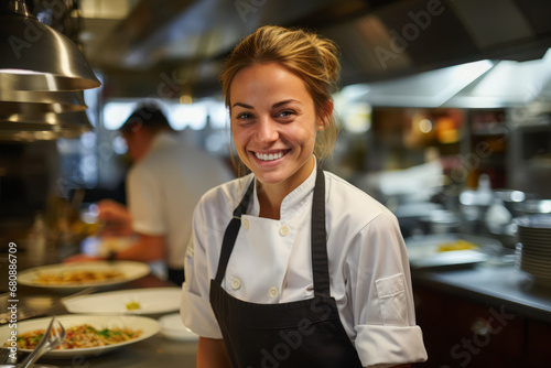Fototapeta Naklejka Na Ścianę i Meble -  Young, blonde female chef in her professional kitchen.