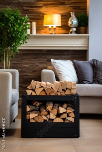 Cozy Scandinavian light cozy interior with white furniture ahd black stand with firewood. photo