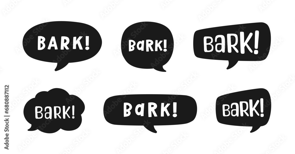 Bark text in a speech bubble balloon silhouette set. Cute cartoon comics dog sound effect and lettering. Vector illustration. Bark text in a speech bubble balloon silhouette set. Cute cartoon comics dog sound effect and lettering. Vector illustration.