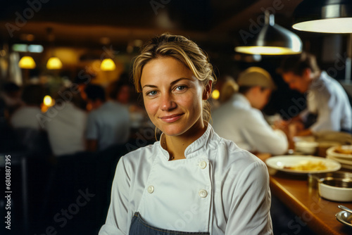 Fototapeta Naklejka Na Ścianę i Meble -  Blonde young woman chef in professional kitchen.
