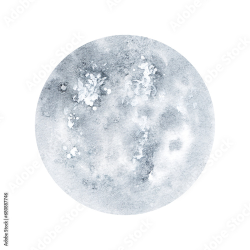 Moon. Watercolor illustration on white. Abstract grey planet. Hand drawn illustration on white background. For design, decoration, interior, stickers.