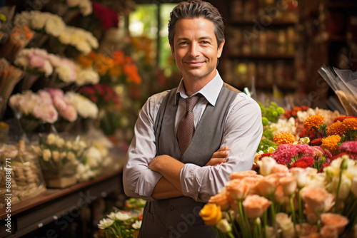 Confident male florist in colorful flower shop, arms crossed.
