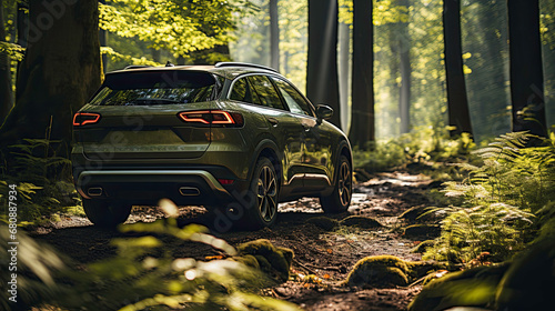 Green SUV parked in sunlit forest with mossy ground