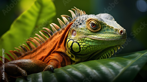 iguana sitting near a leaf