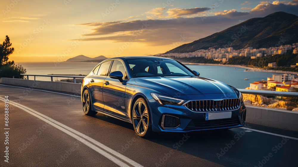 Sleek car cruising desert highway at sunset Sleek car cruising desert highway at sunset