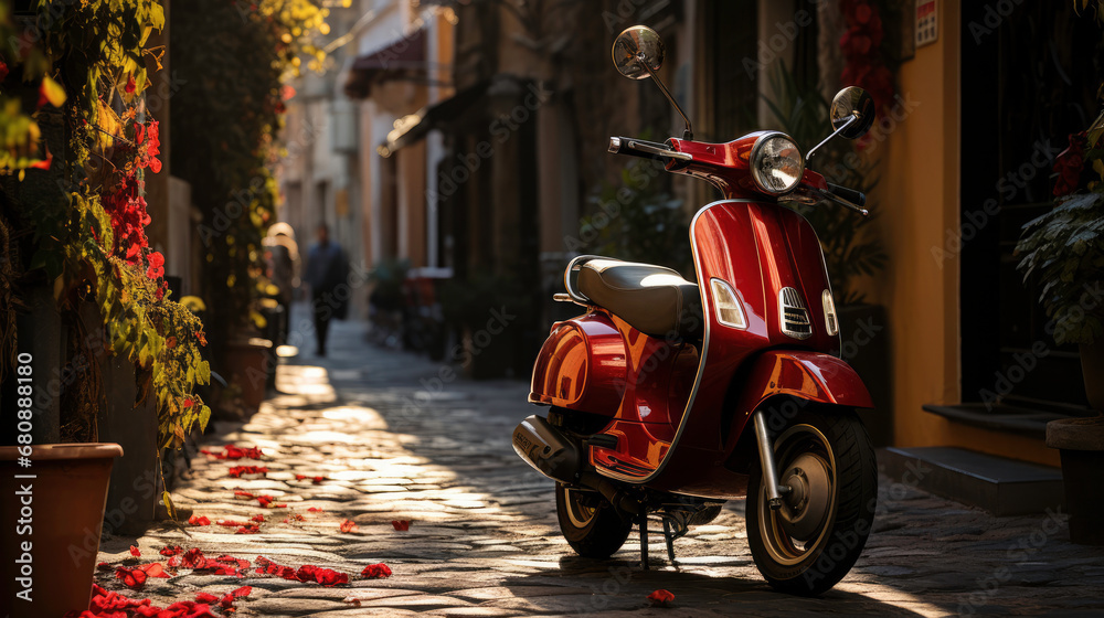 Red Vespa on cobbled street, vibrant flowers adorning path