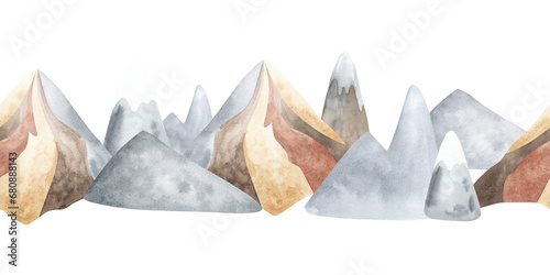 Cute mountain landscape. Watercolor illustration. Seamless border. Wall art. Pale boho colors for nursery abstract image. Hand drawn illustration. For stickers, decor, design, wallpaper.