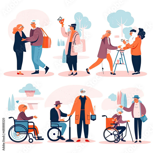 Volunteers helping senior people with disability Flat vector illustration daily activities working AI Generated