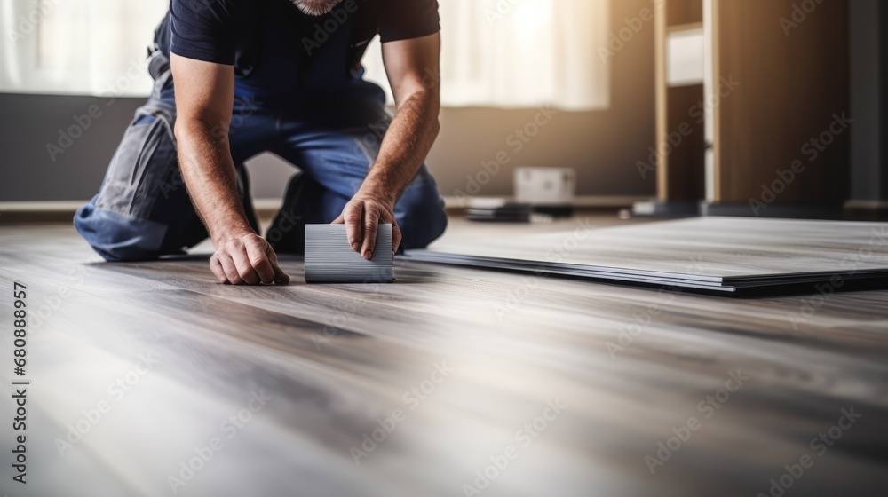 A Construction worker installing laminate flooring, room decoration design, professional technician, laminate background. - obrazy, fototapety, plakaty 