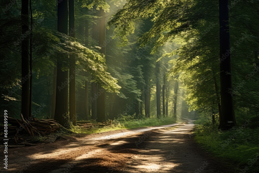 Obraz premium Atmospheric Fantasy Forest With Sun Rays And Greenery