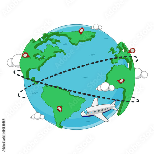 Travel around the world 2d vector cartoon, World map vector on white background, World planet, global warming, globe and plane, world tour.