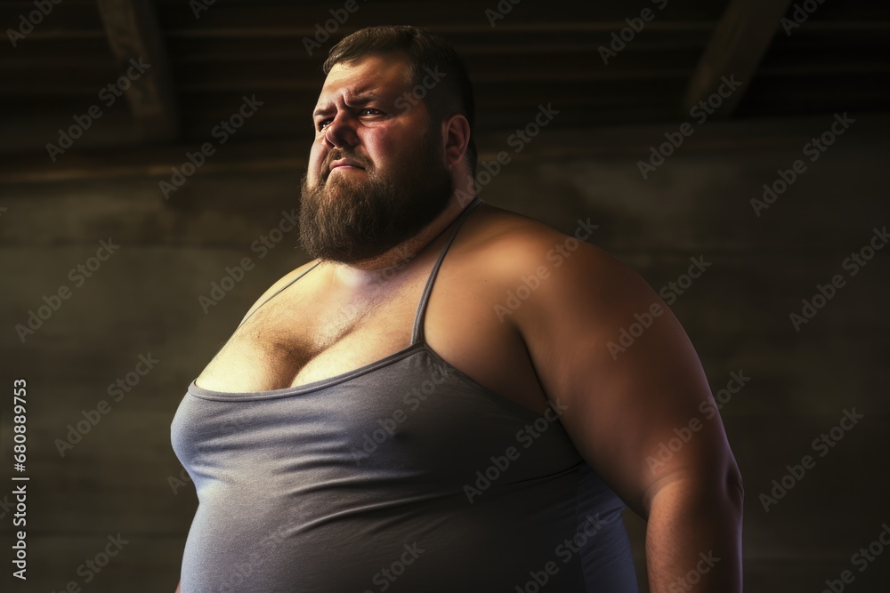 Fototapeta premium Body Positive Overweight Man With Selective Focus Big Breasts On An Unhappy Man