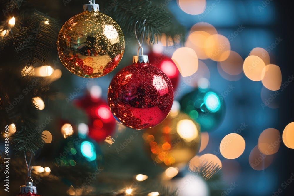Blurred Lights Accentuating Christmas Tree With Baubles. Сoncept Food Photography, Candid Moments, Natural Landscapes, Fashion Portraits Blurred Lights Accentuating Christmas Tree With Baubles. Сoncept Food Photography, Candid Moments, Natural Landscapes, Fashion Portraits