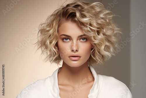 Blonde Model With Short Curly Hair, Fashion And Beauty