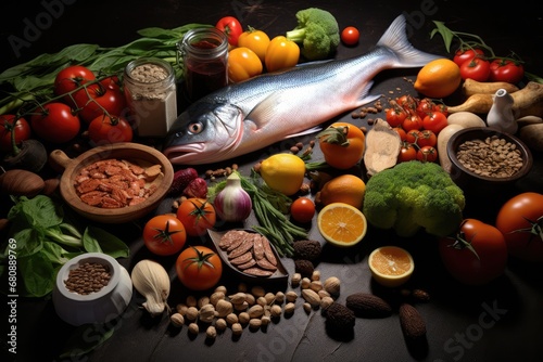Brainboosting Nutrition Concept With Nuts, Fish, And Vegetables