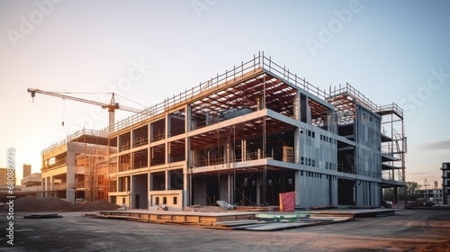 Construction background: A Construction site of large residential commercial building, some already built, large metal structure with bright sky background.