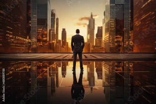 Businessman Envisioning Success Amidst City Skyscrapers At Sunset