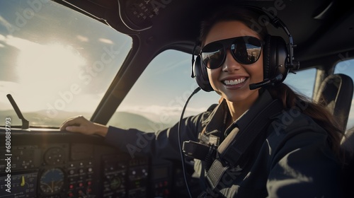 A beautiful female pilot taking a selfie in the cockpit while piloting a plane with the sky in the background.