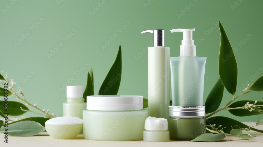 A Skin care products, lotions, creams, ointments and eucalyptus on a green pastel background in a contemporary DIY style. Light green and white. Detailed leaves, plastic, recycled, pastel background.