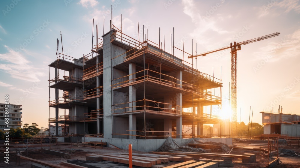 Construction background: A Construction site of large residential commercial building, some already built, large metal structure with bright sky background.