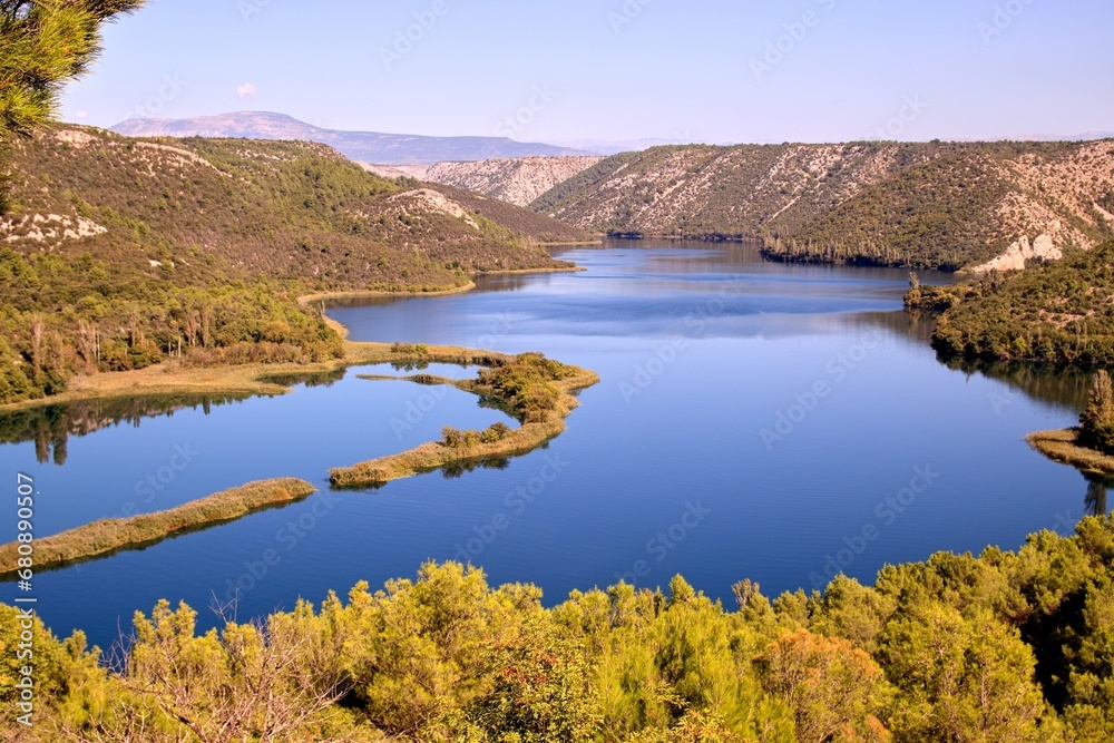 A view to the national park Krka with the river in valley at Krka, Croatia