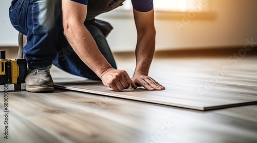 A Construction worker installing laminate flooring, room decoration design, professional technician, laminate background. photo