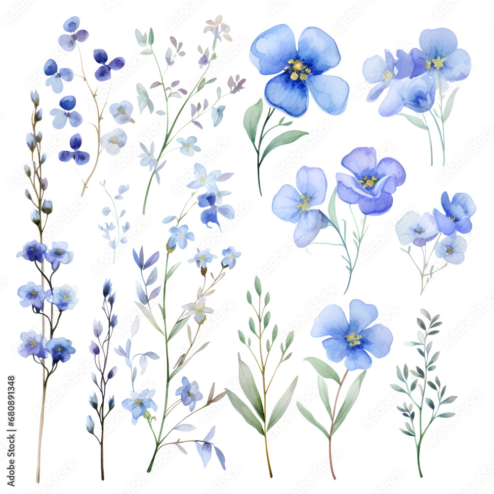 The set of watercolor blue flowers and leaves elements, illustrations, ai generatives