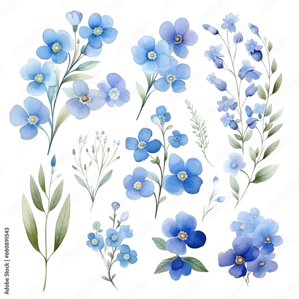 The set of watercolor blue flowers and leaves elements, illustrations, ai generatives