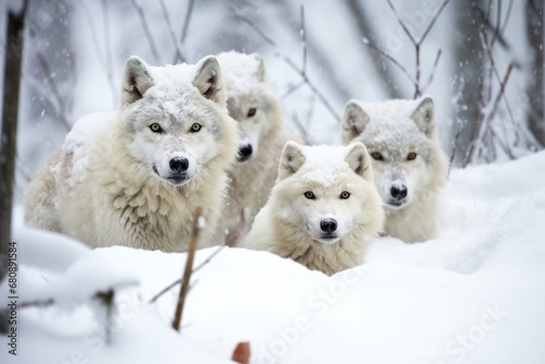 pack of arctic wolves in a snowstorm