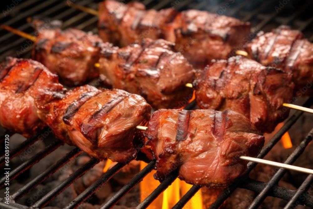 lamb chops drenched in barbecue sauce on a charcoal grill