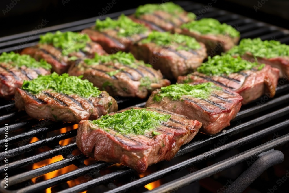 lamb chops garnished with mint sprigs on a grill