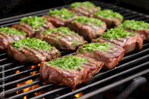 lamb chops garnished with mint sprigs on a grill