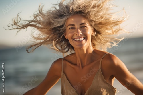 Carefree Mature Woman Joyfully Dances On The Beach © Anastasiia