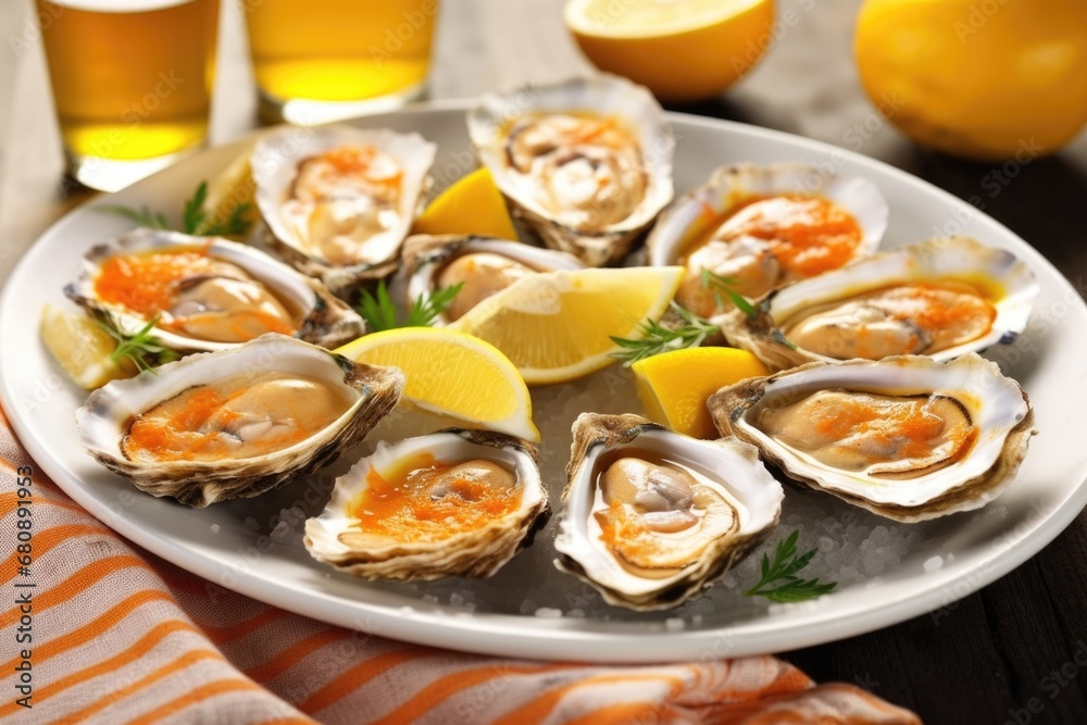 platter of barbecued oysters with lemon wedges platter of barbecued oysters with lemon wedges