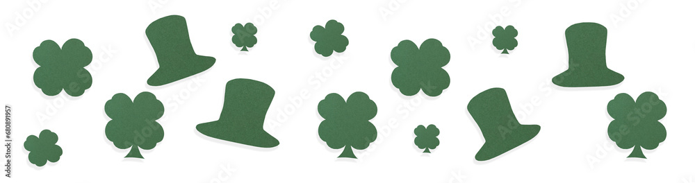 Happy St. Patrick's Day banner. Green clover and paper hat. PNG, isolated on Transparent background. Happy St. Patrick's Day banner. Green clover and paper hat. PNG, isolated on Transparent background.