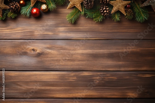 Christmas Decorations Displayed On Wooden Background