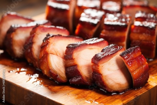 slices of barbecued pork belly on wooden board