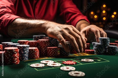 Closeup Of Poker Player With Cards And Chips In Casino. Сoncept Casino Glamour, Poker Face, High Stakes, Casino Vibes, Winning Moments