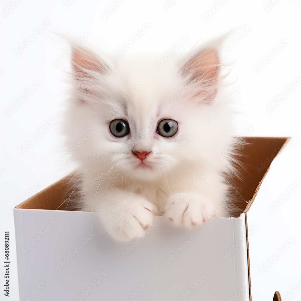 White cute kitten in a box, on a white background. Generated AI. 