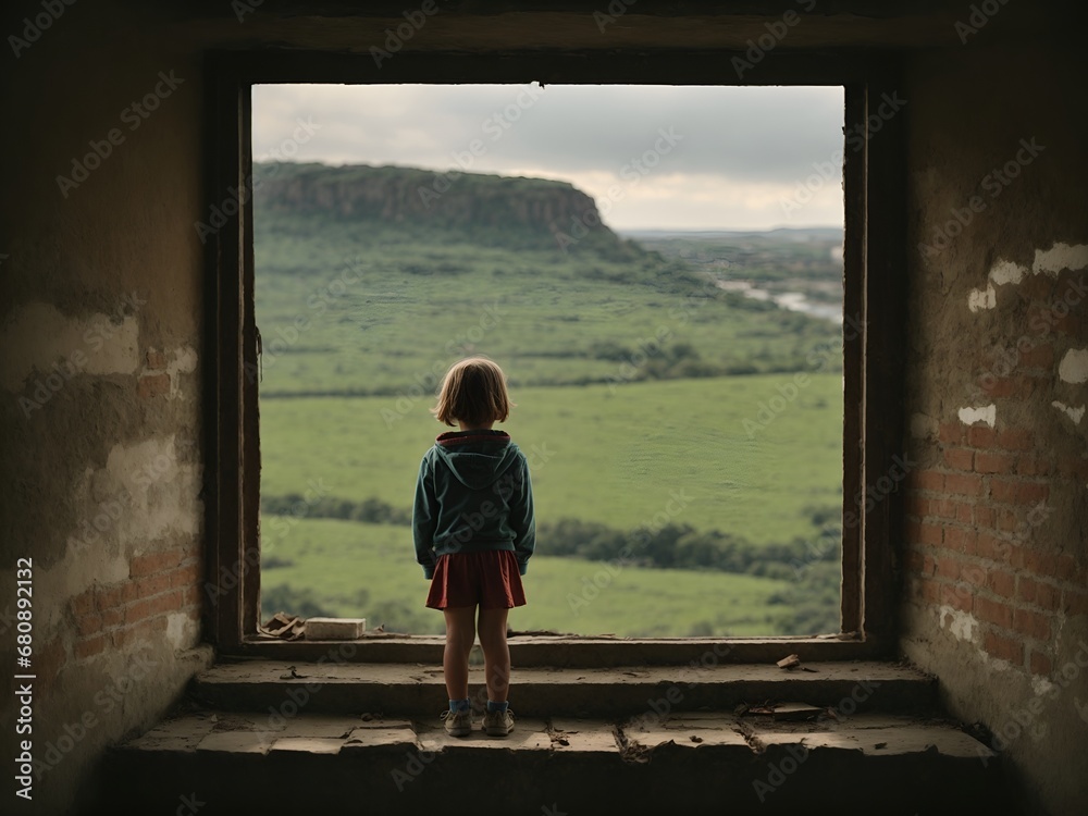 a child standing on bricks to peer into a picture of a lush landscape, evoking a sense of hop